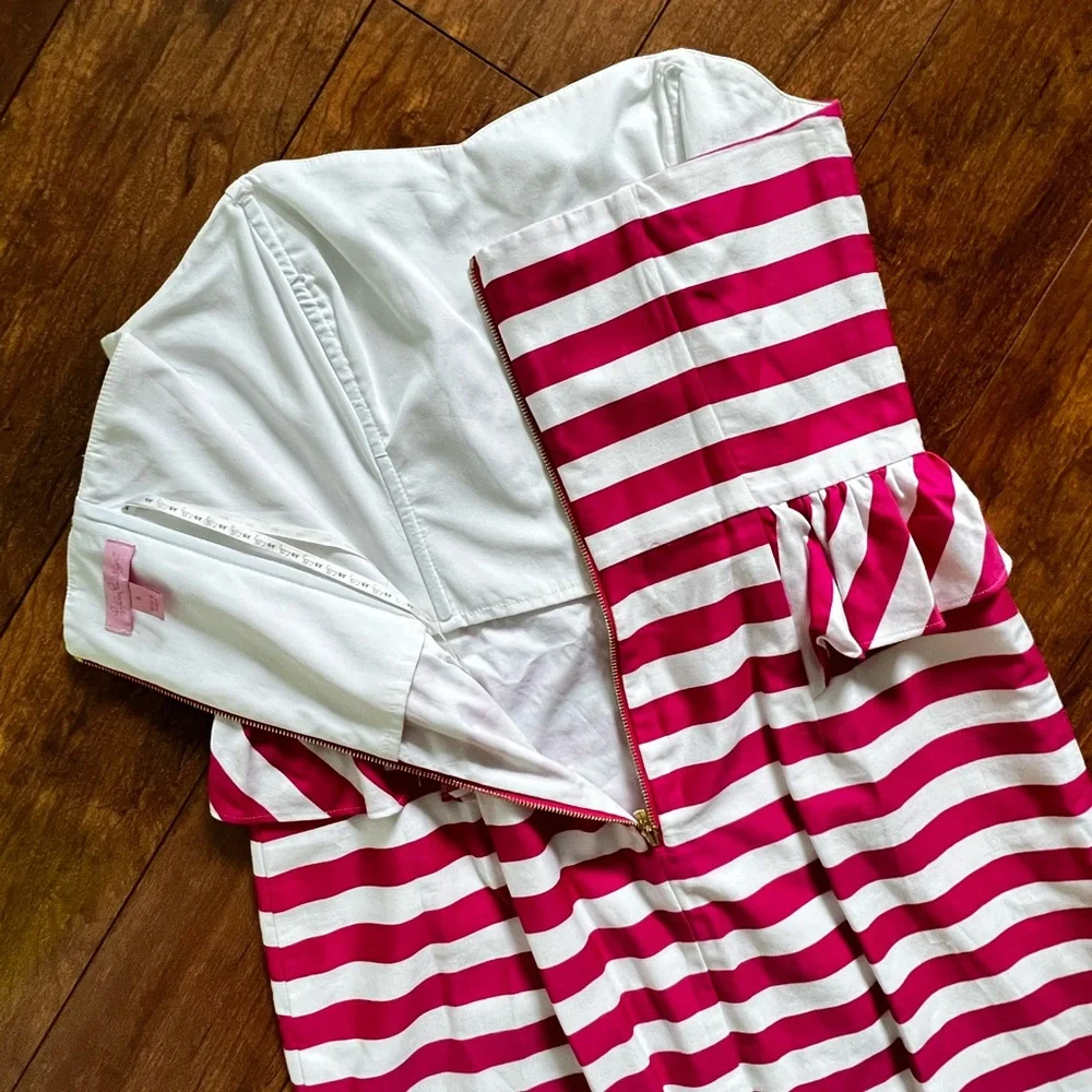 Lilly Pulitzer Maybell Azalea Pink Swizzle Stripe Peplum Strapless Dress-Size 6 - Picture 8 of 14
